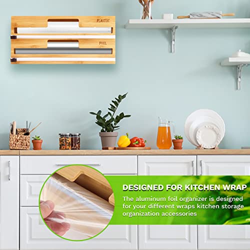 TrueBest 2 in 1 Foil and Wrap Organizer with Cutter and Labels, Compatible with 12" Roll Wrap neat Aluminum Foil and Wax Bamboo Dispenser for Kitchen drawer with 2 Slots, Mounting Screws.
