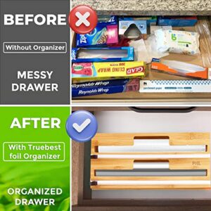 TrueBest 2 in 1 Foil and Wrap Organizer with Cutter and Labels, Compatible with 12" Roll Wrap neat Aluminum Foil and Wax Bamboo Dispenser for Kitchen drawer with 2 Slots, Mounting Screws.