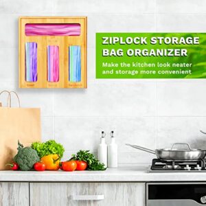 TrueBest Ziplock Bag Organizer for Kitchen Drawer - Food Bag Storage Ziplock Organizer- Sliding Lid for Easy Refill-Natural Bamboo Kitchen Zip Lock Bag Organizer for Gallon, Quart, Sandwich, Snack Bags - Plastic Bag and Baggie Dispenser Holder (Bamboo)