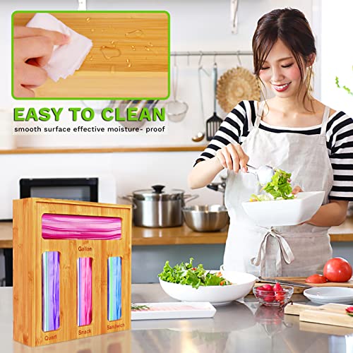 TrueBest Ziplock Bag Organizer for Kitchen Drawer - Food Bag Storage Ziplock Organizer- Sliding Lid for Easy Refill-Natural Bamboo Kitchen Zip Lock Bag Organizer for Gallon, Quart, Sandwich, Snack Bags - Plastic Bag and Baggie Dispenser Holder (Bamboo)