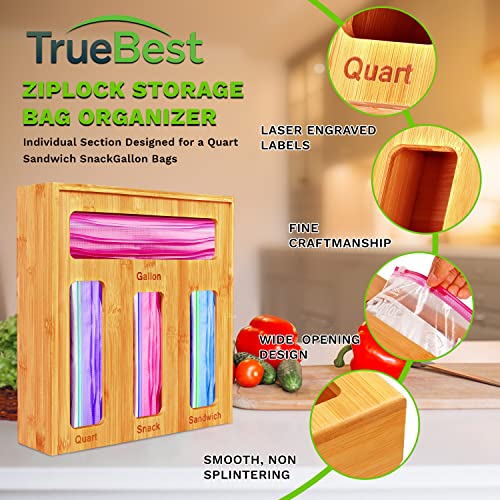 TrueBest Ziplock Bag Organizer for Kitchen Drawer - Food Bag Storage Ziplock Organizer- Sliding Lid for Easy Refill-Natural Bamboo Kitchen Zip Lock Bag Organizer for Gallon, Quart, Sandwich, Snack Bags - Plastic Bag and Baggie Dispenser Holder (Bamboo)