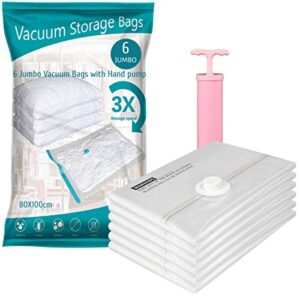 vacuum storage bags (6 jumbo) with hand pump | 40"x32" vacuum sealer bags clothes | compression bags for travel | space saver vacuum storage bags | blanket storage bags | clothing storage