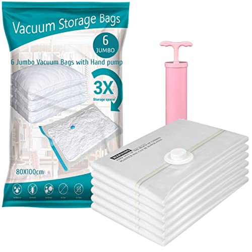 Vacuum Storage Bags (6 Jumbo) with Hand Pump | 40"x32" Vacuum Sealer Bags Clothes | Compression Bags for Travel | Space Saver Vacuum Storage Bags | Blanket Storage Bags | Clothing Storage