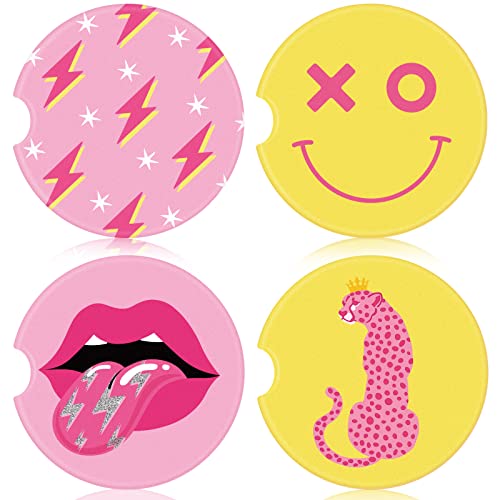 4 Pcs Preppy Car Coasters with Finger Notch Absorbent Ceramic Car Cup Holder Coasters Leopard Face Smile Cute Coasters Lip Lightning Bolt Car Drinks Coasters Auto Accessories for Women Men, 2.5 Inch