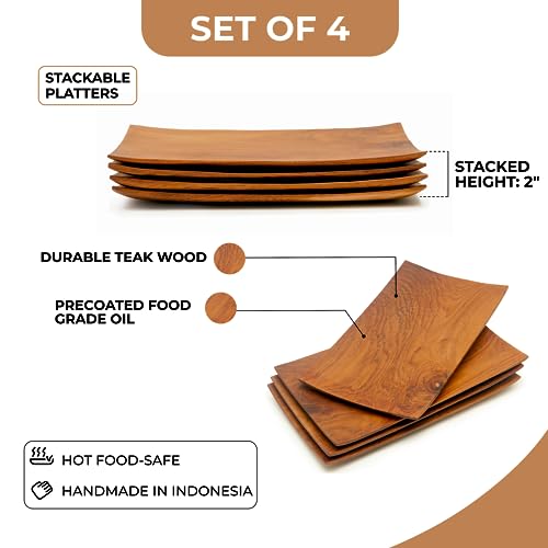 RaTeak Teak Wood Serving Plate (10″ x 6″, Set of 4) | Wooden Platters for Serving Sushi, Sashimi, Charcuterie, Food, Appetizers, Desserts, Snacks | Premium & Handmade
