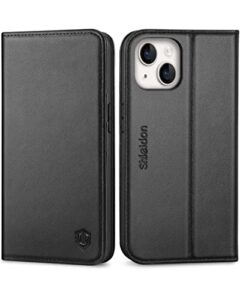 shieldon case for iphone 14 6.1" 5g, genuine leather iphone 14 wallet folio case [magnetic closure] [rfid blocking card slots] [kickstand] full protection case compatible with iphone 14 2022 - black