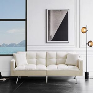 leiln.z velvet convertible sofa bed with 2 pillows, modern upholstered sleeper sofa couch with 3 adjustable backrests and 2 armrests, twin recliner for living room. (off white)
