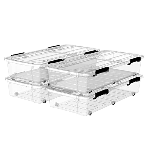 Cetomo Set of 50L*4 Under Bed Storage Container with Lids Storage Container With Durable Buckles Multipurpose Container Chest Wheeled With Lids (C0152*4)