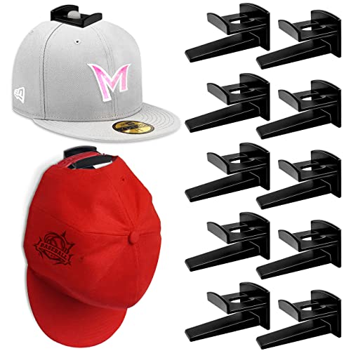 Hat Rack for Wall (10-Pack) - Hat Racks for Baseball Caps, Adhesive Hat Hooks for Wall, No Drilling Hat Organizer Cowboy Hat Holder, Strong Hat Hanger to Display for Door, Closet (Upgrade-Black)