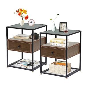 kinfant end table set with drawer - nightstand bedside table with mesh shelf, side table with glass top for hallway, living room, bedroom, rustic brown and black (2)