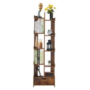 gannyfer tree bookshelf with drawers,narrow free standing open bookshelves,mid-century modern bookcase storage organizer shelf,tall retro wood book shelves for small spaces bedroom,office,classroom