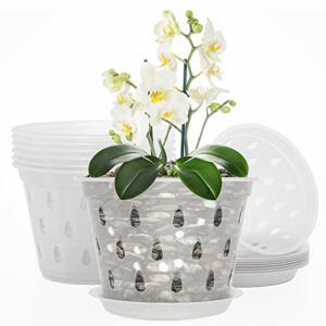suguder 8 pack 7 inch orchid pot, orchid pots with holes and saucers, clear plastic plant flower pot for indoor outdoor garden