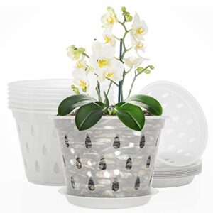 Suguder 8 Pack 7 Inch Orchid Pot, Orchid Pots with Holes and Saucers, Clear Plastic Plant Flower Pot for Indoor Outdoor Garden