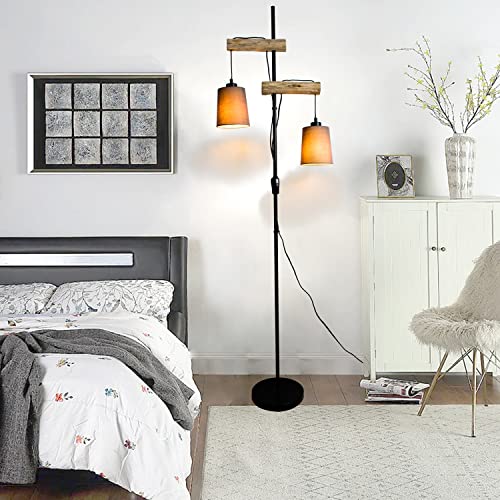 Floor Lamps for Living Room,Farmhouse Industrial Floor Lamps,68 Inch 2 Lights Wood Standing Lamp,Sturdy Base Tall Vintage Pole Light, Metal Black Floor Lamps Bedroom Office Rustic Home