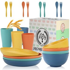 wheat straw dinnerware sets unbreakable cereal dinnerware sets microwave dishwasher safe bowls cups plates set 20pcs reusable plates and bowls sets for serving soup oatmeal pasta and salad