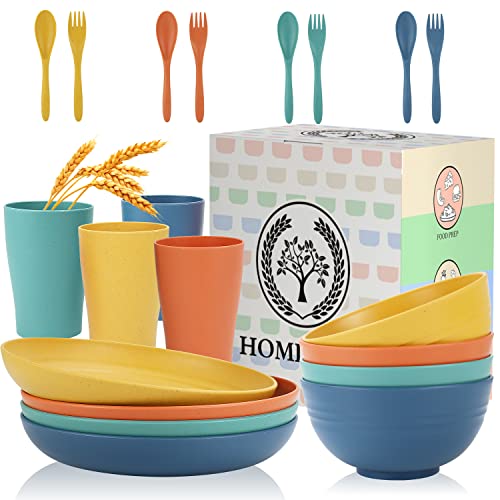 Wheat Straw Dinnerware Sets Unbreakable Cereal Dinnerware Sets Microwave Dishwasher Safe Bowls Cups Plates Set 20PCS Reusable Plates and Bowls Sets for Serving Soup Oatmeal Pasta and Salad