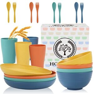 Wheat Straw Dinnerware Sets Unbreakable Cereal Dinnerware Sets Microwave Dishwasher Safe Bowls Cups Plates Set 20PCS Reusable Plates and Bowls Sets for Serving Soup Oatmeal Pasta and Salad