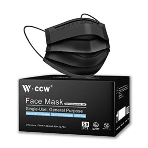 ccw black masks, 3 layer filter protection 50 pcs black crowded places with elastic earloop masks,individually wrapped disposable face masks for adult men women