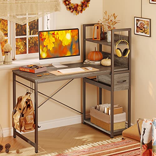 Bestier Home Office Desk with Drawer and Cable Management Rack, 47 Inch Computer Desk with Shelves, Writing Desk with Reversible Storage Bookshelf (Retro Grey Oak Dark)