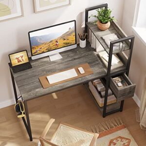 Bestier Home Office Desk with Drawer and Cable Management Rack, 47 Inch Computer Desk with Shelves, Writing Desk with Reversible Storage Bookshelf (Retro Grey Oak Dark)