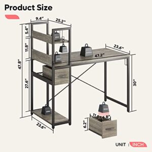 Bestier Home Office Desk with Drawer and Cable Management Rack, 47 Inch Computer Desk with Shelves, Writing Desk with Reversible Storage Bookshelf (Retro Grey Oak Dark)