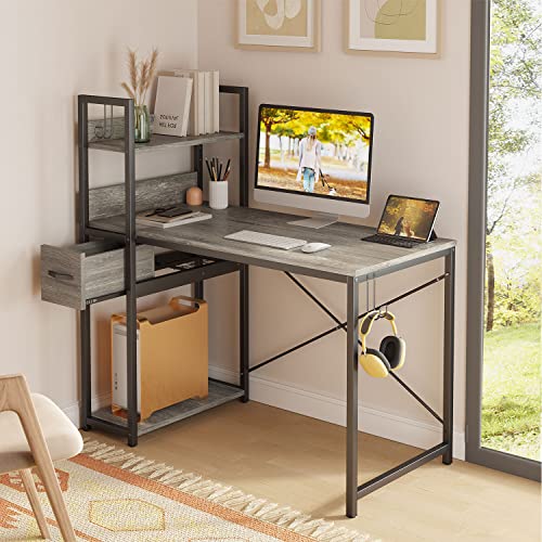 Bestier Home Office Desk with Drawer and Cable Management Rack, 47 Inch Computer Desk with Shelves, Writing Desk with Reversible Storage Bookshelf (Retro Grey Oak Dark)