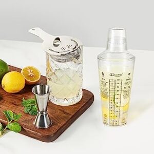 KITESSENSU Cocktail Recipe Shaker - Martini Recipes Measured Plastic Cobbler Shaker with Cap and Built In Strainer - Best Gift for Beginner