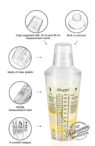 KITESSENSU Cocktail Recipe Shaker - Martini Recipes Measured Plastic Cobbler Shaker with Cap and Built In Strainer - Best Gift for Beginner