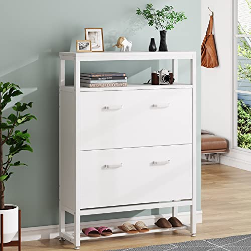Tribesigns Shoe Cabinet with Flip Drawers, Wood Tipping Bucket Shoe Cabinet, Shoes Storage Cabinet with Open Shelf for Entryway Bedroom