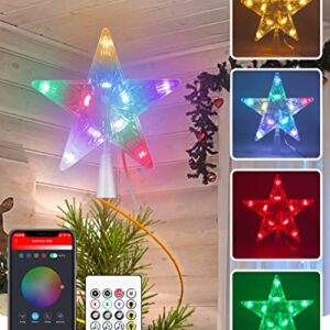 Christmas Tree Topper Lighted - Smart App Remote Control 7" LED Color Changing Star Tree Toppers Sync with Music, Dimmable, Timer, USB Plug in/Wire 16.4Ft Topper for Xmas Party Holiday Decorations