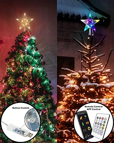 Christmas Tree Topper Lighted - Smart App Remote Control 7" LED Color Changing Star Tree Toppers Sync with Music, Dimmable, Timer, USB Plug in/Wire 16.4Ft Topper for Xmas Party Holiday Decorations