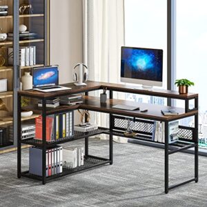 tribesigns l-shaped computer desk with monitor shelf stand, l shaped corner desks with large wood desktop industrial heavy duty metal frame storage shelves for office home, rustic brown black