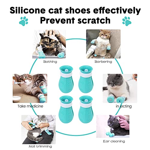 4Pcs Cat Anti-Scratch Shoes,Cat Boots for Cats Only,Anti-Scratch Cat Feet Claw Covers Adjustable Prickly Anti-Off Shoes Nail Gloves for Cat Silicone for Cat Grooming Bathing and Shaving (Blue)