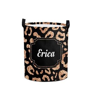 leopard print monogram personalized foldable freestanding laundry basket clothes hamper with handle, custom collapsible storage bin for toys bathroom laundry