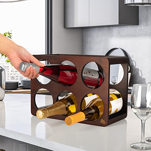 AURUM Wine Rack – 6 Bottle Wooden Wine Racks Countertop – Durable Black Walnut Wooden Wine Stand for Kitchen, Cellar, Office, Bar – Luxurious Wine Bottle Storage for Standard Bottles Holder Stand