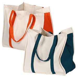 anleo reusable cotton canvas grocery tote bags with side pockets, large utility tote bag for shopping, beach, picnic