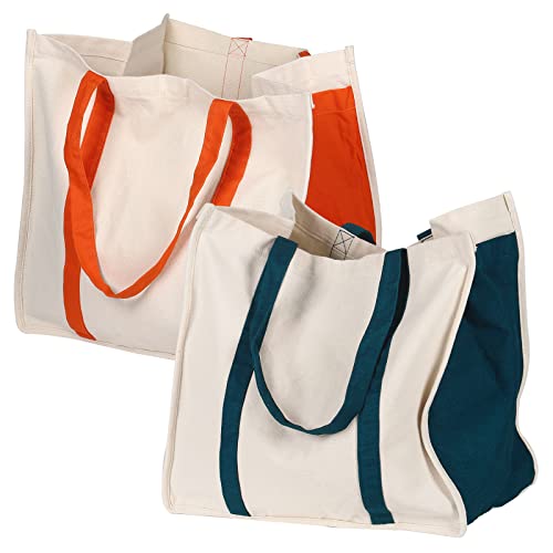 Anleo Reusable Cotton Canvas Grocery Tote Bags with Side Pockets, Large Utility Tote Bag for Shopping, Beach, Picnic