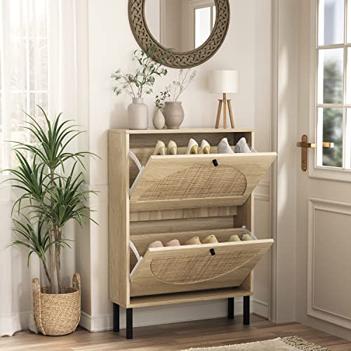 Angel Sar Rattan Shoe Cabinet with 2 Flip Drawers, Narrow Shoe Storage Cabinet, Shoe Organizer for Entryway, Bedroom, Living Room, Apartment, Natural Wood