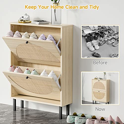 Angel Sar Rattan Shoe Cabinet with 2 Flip Drawers, Narrow Shoe Storage Cabinet, Shoe Organizer for Entryway, Bedroom, Living Room, Apartment, Natural Wood