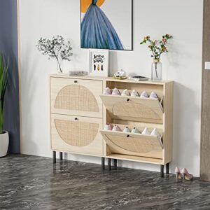 Angel Sar Rattan Shoe Cabinet with 2 Flip Drawers, Narrow Shoe Storage Cabinet, Shoe Organizer for Entryway, Bedroom, Living Room, Apartment, Natural Wood