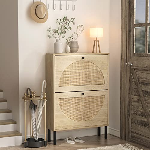 Angel Sar Rattan Shoe Cabinet with 2 Flip Drawers, Narrow Shoe Storage Cabinet, Shoe Organizer for Entryway, Bedroom, Living Room, Apartment, Natural Wood