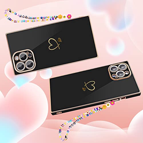 Newseego Square iPhone 12 Pro Max Case Women Girls Luxury Cute Plating Gold Love Heart Pattern Phone Case Soft TPU Full Camera Lens Protection Cover for iPhone 12 Pro Max with Cute Chain-Black