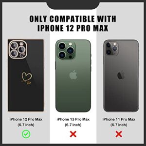 Newseego Square iPhone 12 Pro Max Case Women Girls Luxury Cute Plating Gold Love Heart Pattern Phone Case Soft TPU Full Camera Lens Protection Cover for iPhone 12 Pro Max with Cute Chain-Black