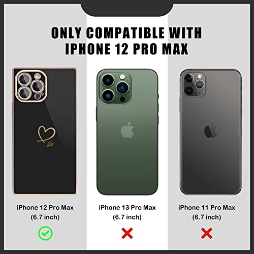 Newseego Square iPhone 12 Pro Max Case Women Girls Luxury Cute Plating Gold Love Heart Pattern Phone Case Soft TPU Full Camera Lens Protection Cover for iPhone 12 Pro Max with Cute Chain-Black