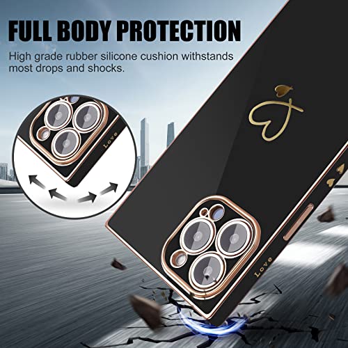 Newseego Square iPhone 12 Pro Max Case Women Girls Luxury Cute Plating Gold Love Heart Pattern Phone Case Soft TPU Full Camera Lens Protection Cover for iPhone 12 Pro Max with Cute Chain-Black