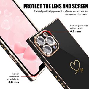Newseego Square iPhone 12 Pro Max Case Women Girls Luxury Cute Plating Gold Love Heart Pattern Phone Case Soft TPU Full Camera Lens Protection Cover for iPhone 12 Pro Max with Cute Chain-Black