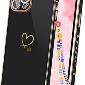 Newseego Square iPhone 12 Pro Max Case Women Girls Luxury Cute Plating Gold Love Heart Pattern Phone Case Soft TPU Full Camera Lens Protection Cover for iPhone 12 Pro Max with Cute Chain-Black