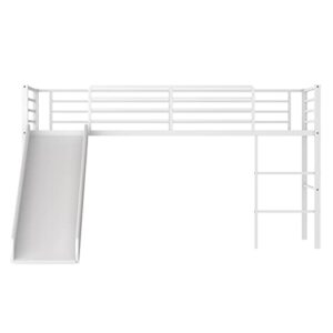 Giantex Twin Loft Bed with Slide, Metal Low Bunk Bed w/Safety Guardrails & Built-in Ladder, Toddler Bed Floor Frame for Boys & Girls, No Box Spring Needed (White)