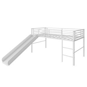 Giantex Twin Loft Bed with Slide, Metal Low Bunk Bed w/Safety Guardrails & Built-in Ladder, Toddler Bed Floor Frame for Boys & Girls, No Box Spring Needed (White)