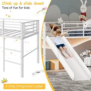 Giantex Twin Loft Bed with Slide, Metal Low Bunk Bed w/Safety Guardrails & Built-in Ladder, Toddler Bed Floor Frame for Boys & Girls, No Box Spring Needed (White)